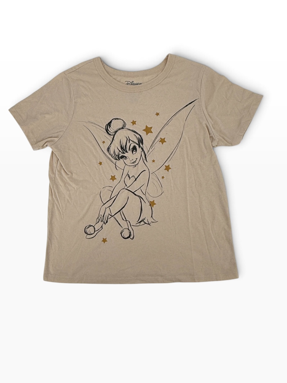 Disney Tinkerbell Tan Gold Stars Short Sleeve Tee Size Large Women’s